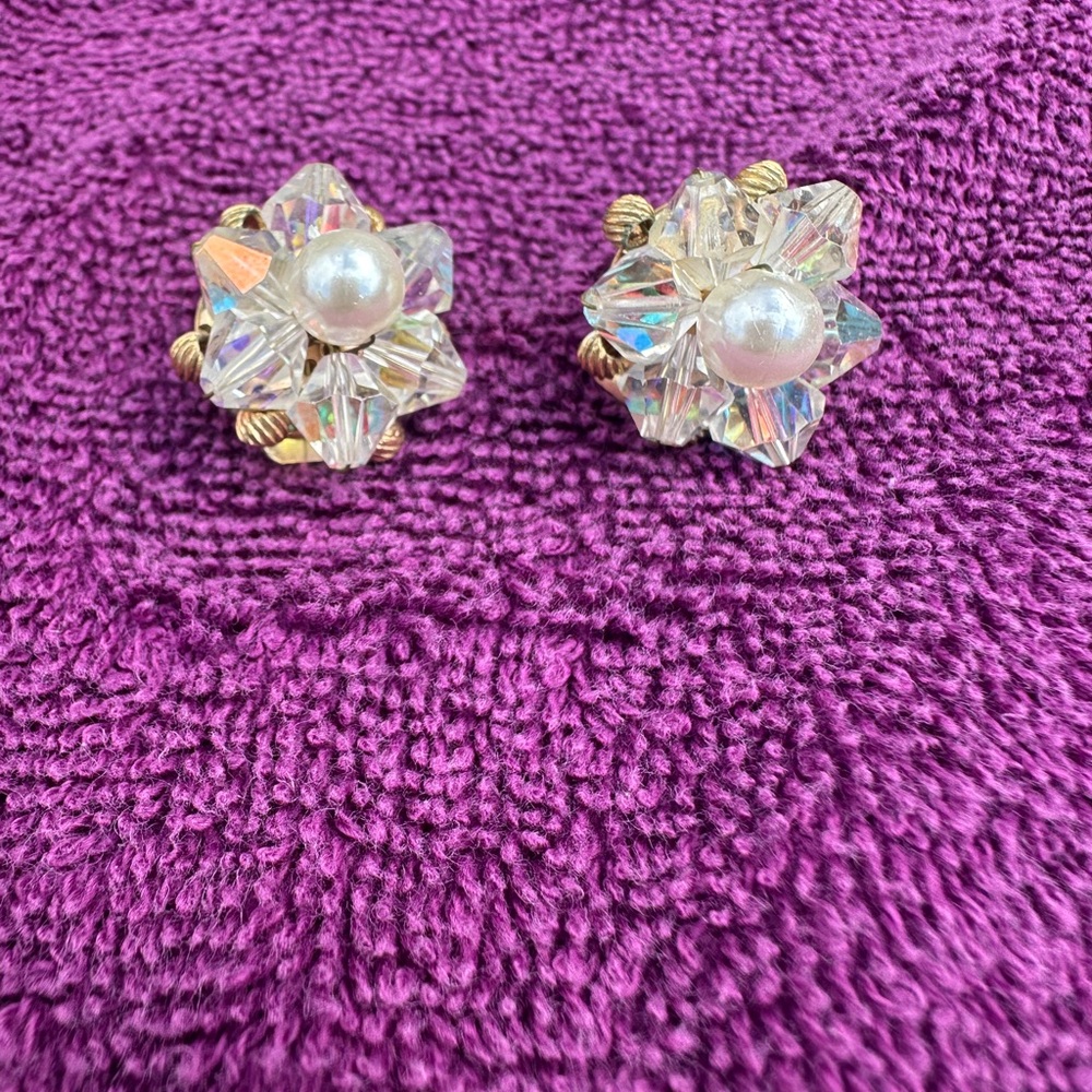 Vintage Gold Tone Clip On Earrings With Faux Pearls and AB Rhinestones.